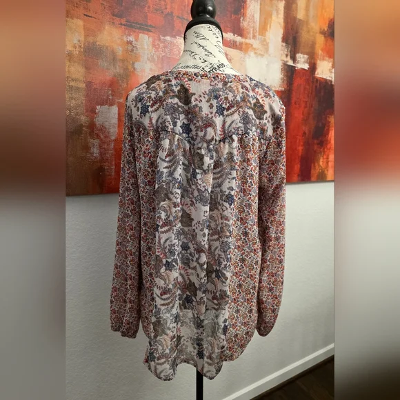 Knox Rose - Peasant Boho - Sheer Blouse - Keyhole Tassel - Bell Sleeves - Large - Picture 2 of 10